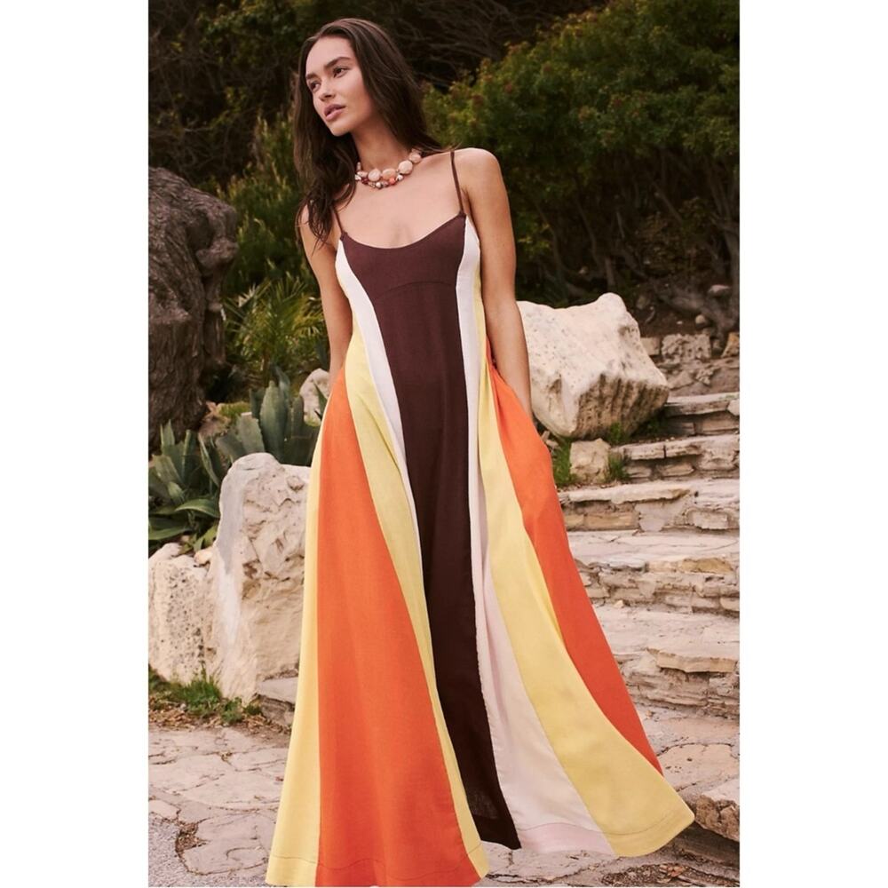Free People Linen Retro 70s Color Harmony Maxi Dress in Chocolate Combo XS NWT